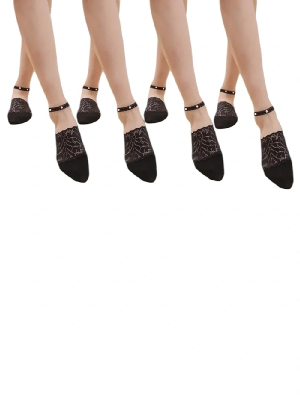 Pearl Lace Black No Show Socks Cotton Four Pair Ankle Strap White Pearl Accents